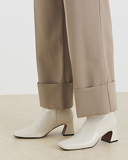 Cream Block Heel Ankle Boots