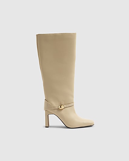 Beige High Leg Gold Hardware Boots