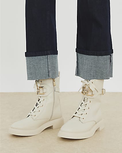 Cream Lace Up Chunky Boots