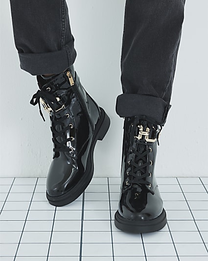 Black Patent Lace Up Buckled Chunky Boots