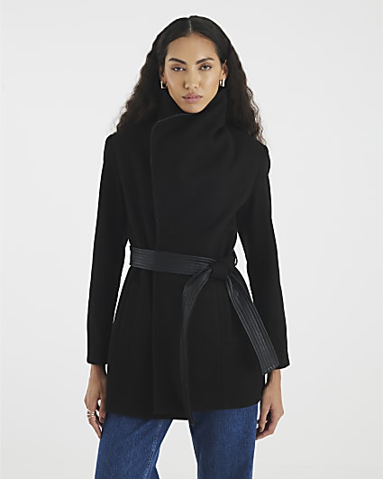 Black Faux Leather Trim Wrap Coat