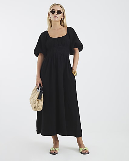 Petite Black Short Sleeve Linen Midi Dress