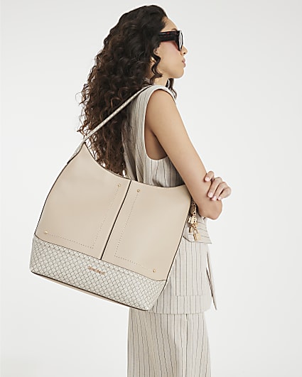 Beige Monogram Print Charm Shoulder Bag