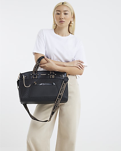 Black Panelled Webbing Handle Tote Bag
