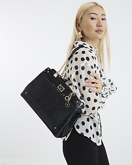 Black Chain Handle Embossed Tote Bag