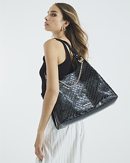 Black Embossed RI Monogram Chain Slouch Bag