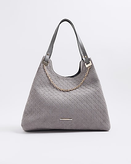 Grey Embossed Chain Front Shoulder Bag