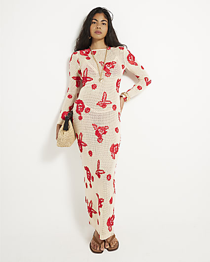 Red Floral Embroidered Crochet Midi Dress