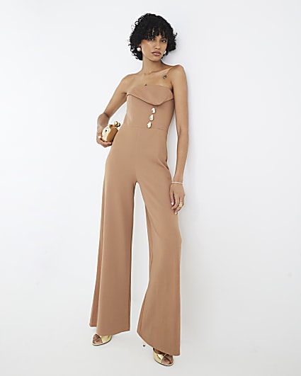 Beige Sleeveless Bandeau Gold Detail Jumpsuit