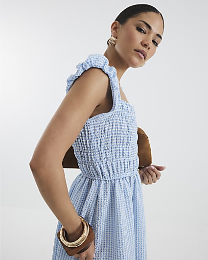 Petite Blue Gingham Shirred Midi Dress