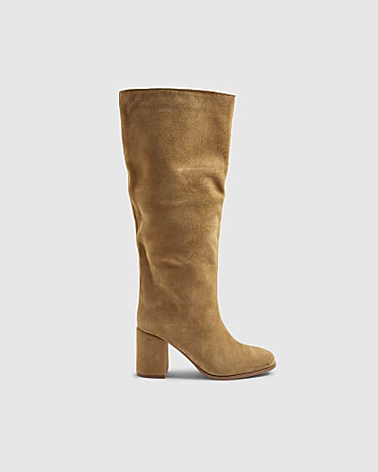 Brown Suede Block Heel High Leg Boots
