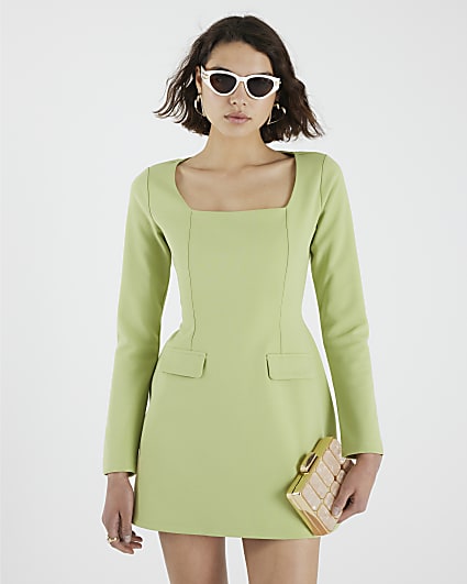 Green Long Sleeve Square Neck Mini Dress