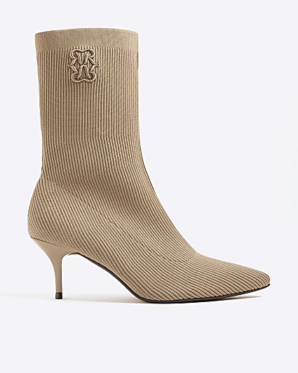 Beige Knitted Embroidered Sock Boots