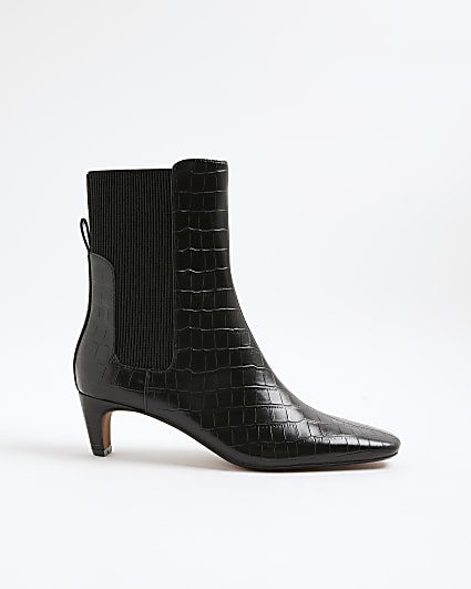 Black Kitten Heel Croc Textured Ankle Boots
