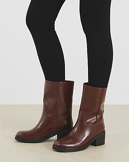 Brown Block Heel Calf Length Boots