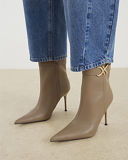Beige Metal Hardware Heeled Ankle Boots