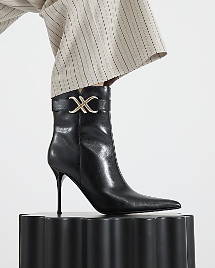 Black Metal Hardware Heeled Ankle Boots