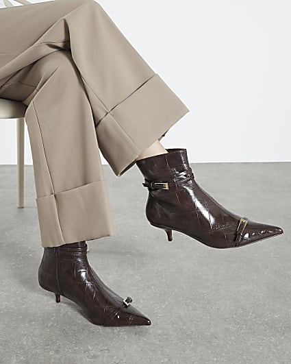 Brown Croc Textured Kitten Heel Boots