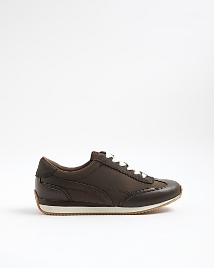 Brown Faux Leather Retro Trainers