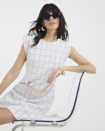 Grey Checked Chain Trim Boucle Mini Dress