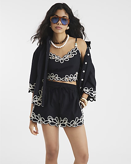 Black Embroidered Trim Shorts