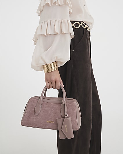 Pink Faux Suede Curved Top Bowler Bag