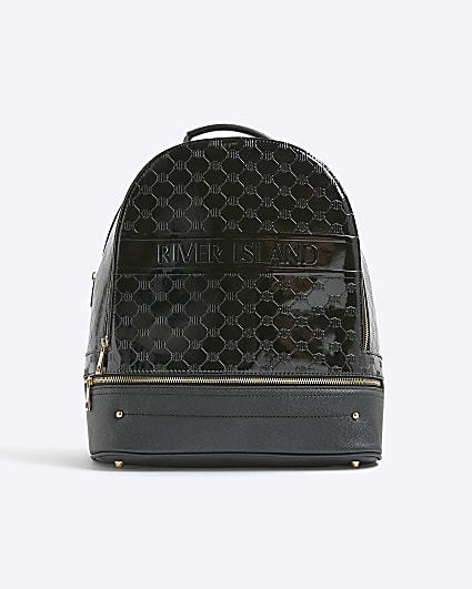 Black Patent Embossed Monogram Print Backpack