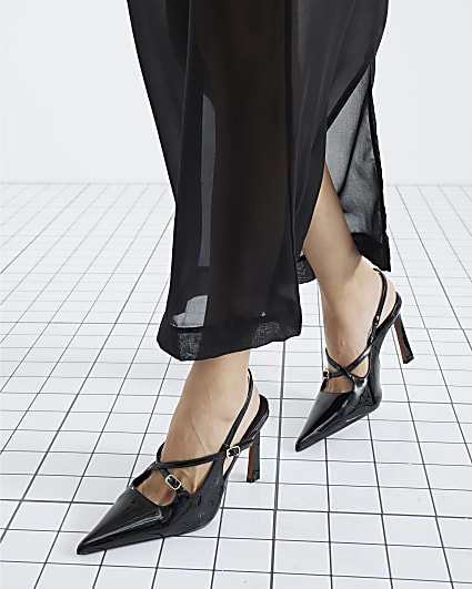 Black Buckle Slingback Heel Shoes