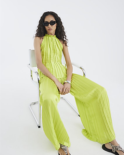 Lime Satin Pleated Wide Leg Trousers