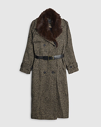 Petite Brown Faux Fur Herringbone Trench Coat