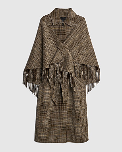 Petite Brown Wool Blend Check Trench Coat