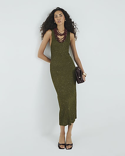 Green Knit Sequin Maxi Dress