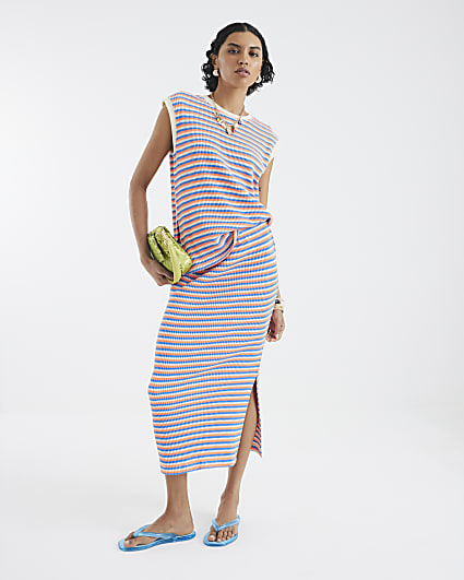 Pink Textured Stripe Midi Skirt