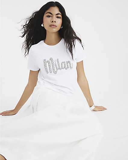 White Diamante Milan T-Shirt