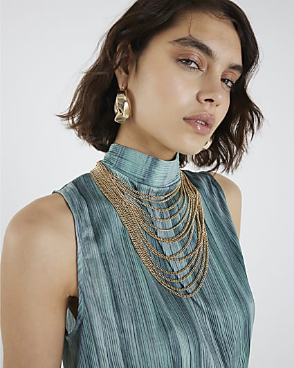 Blue Plisse Ombre High Neck Top
