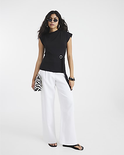 Black Sleeveless Slinky Ruched Belted Top