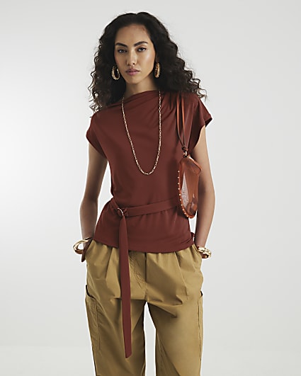 Brown Sleeveless Slinky Ruched Belted Top