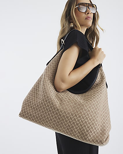 Brown Monogram Print Slouch Shoulder Bag