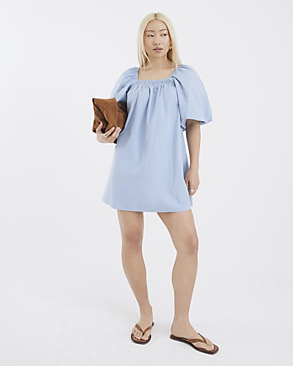 Blue Puff Sleeve Mini Dress