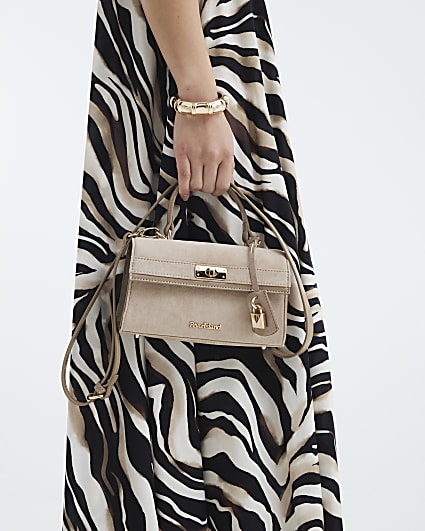 Beige Faux Suede Lock Front Tote Bag