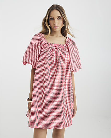 Red Gingham Short Puff Sleeve Mini Dress