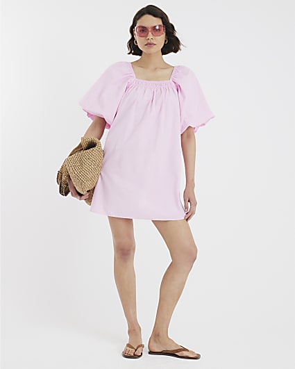 Pink Short Puff Sleeve Mini Dress