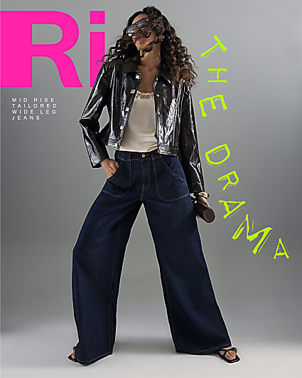 Blue Mid Rise Tailored Wide Leg Jeans