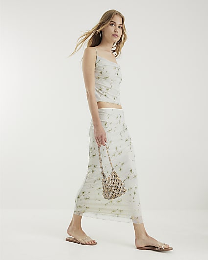 Cream Floral Diamante Mesh Midi Skirt