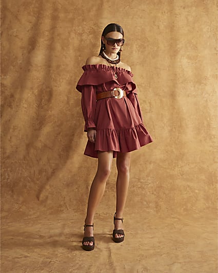 Red Frill Long Sleeve Bardot Mini Dress
