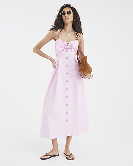 Pink Bow Detail Button Up Midi Dress