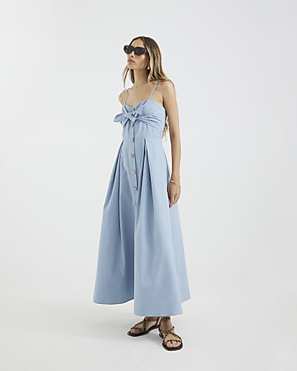 Blue Bow Detail Button Up Midi Dress