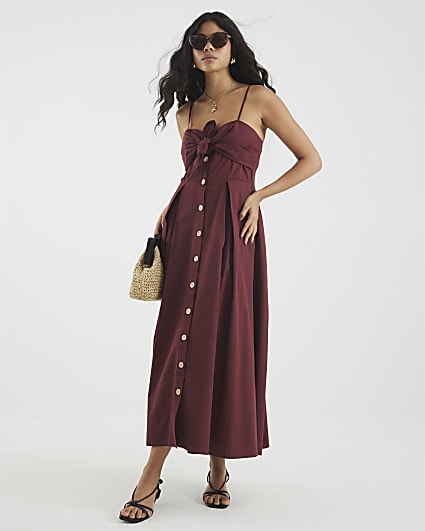 Purple Bow Detail Button Up Midi Dress
