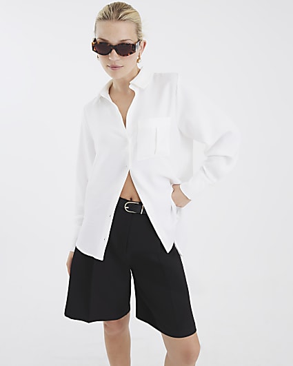 White Linen Blend Oversized Utility Shirt