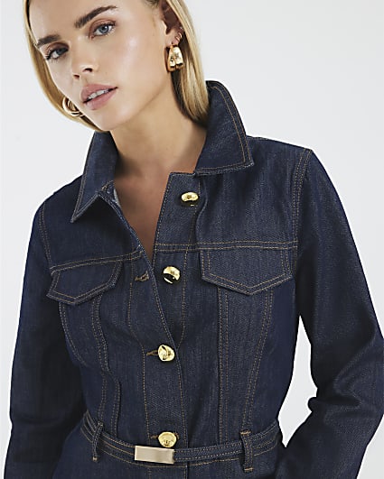 Petite Blue Denim Belted Peplum Jacket